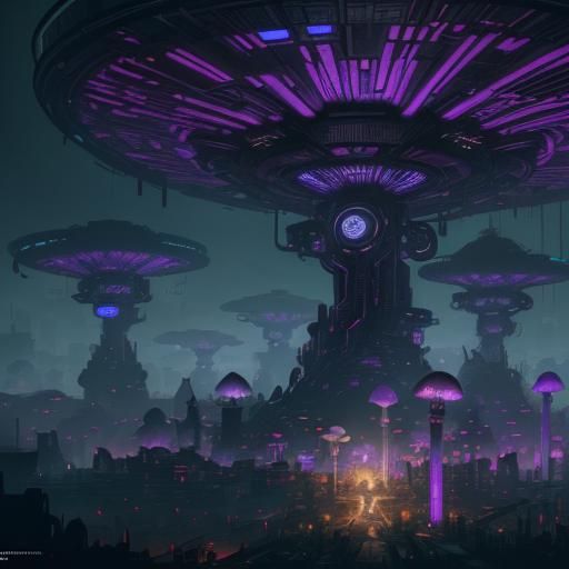 Mushroom in Cyberpunk City, Deep Color Art
