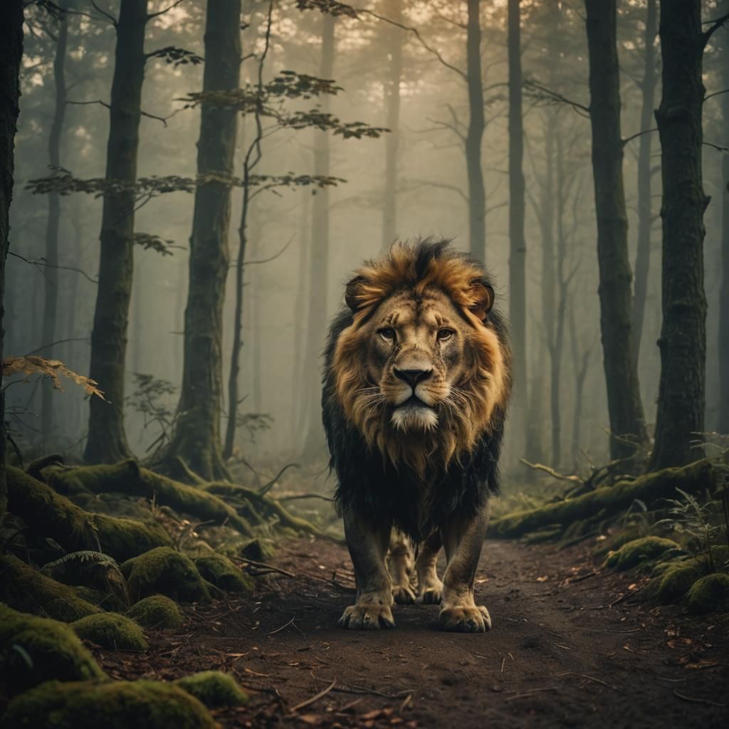 Dragon-Lion Creature in Misty Forest, Cinematic Still