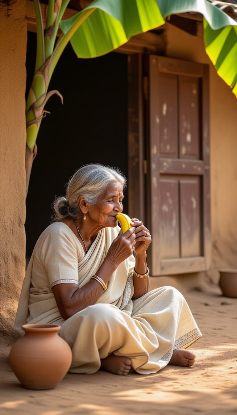 Old Indian Grandmother Enjoys Banana in Rustic Courtyard