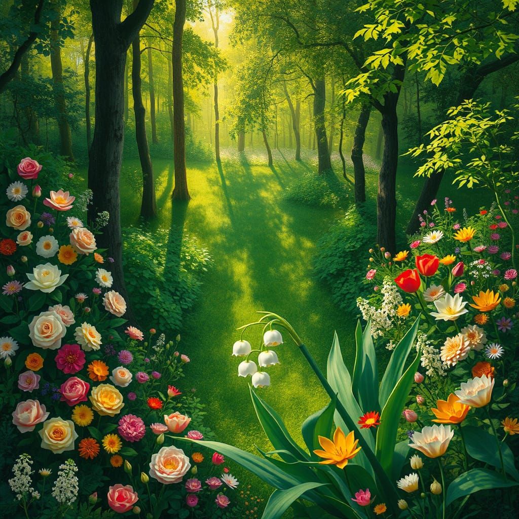 Serene Secret Garden Blossoms in Sunlit Clearing