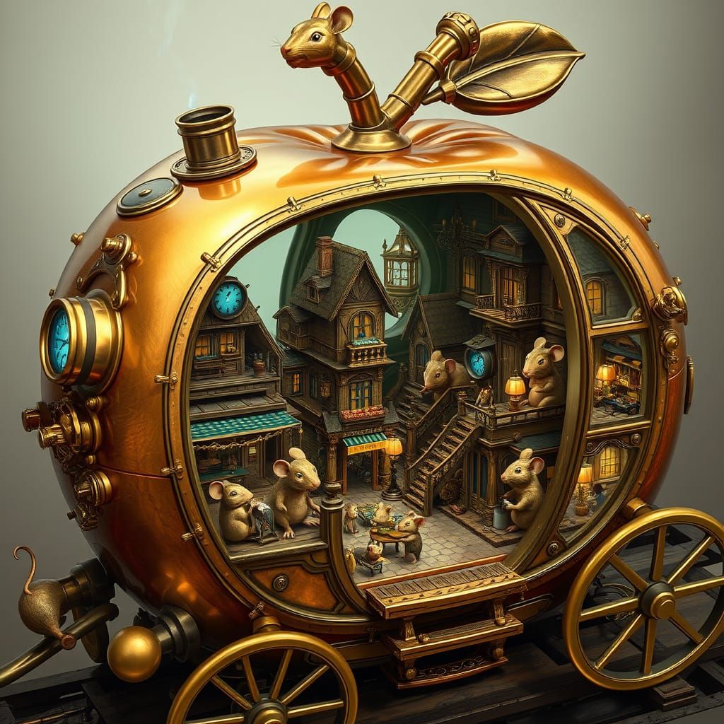 Whimsical Steampunk Carriage of Intricate Mice Neighborhoods