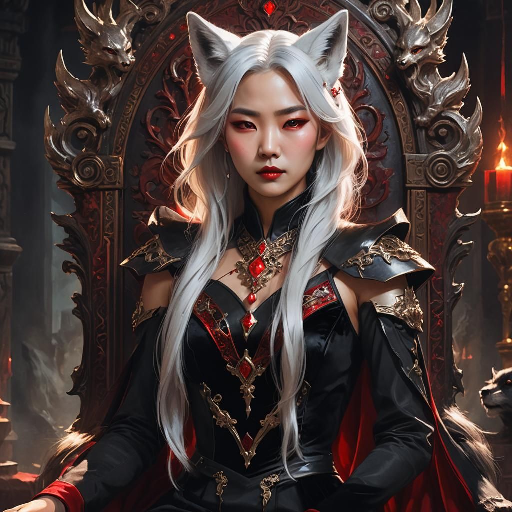 Korean Vampire Queen on Throne: Dark Fantasy Painting