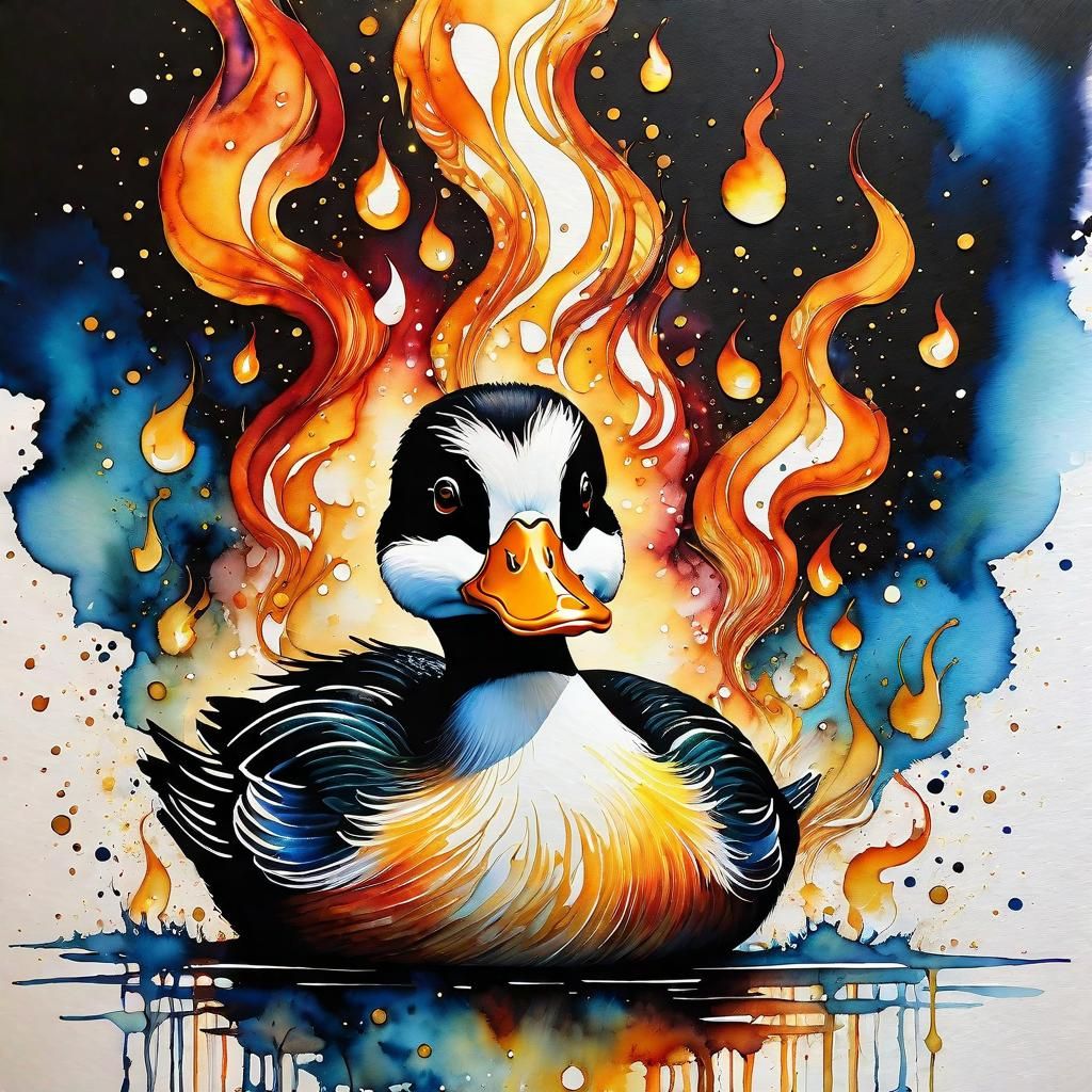 Flaming Duck in Whimsical Watercolor Style
