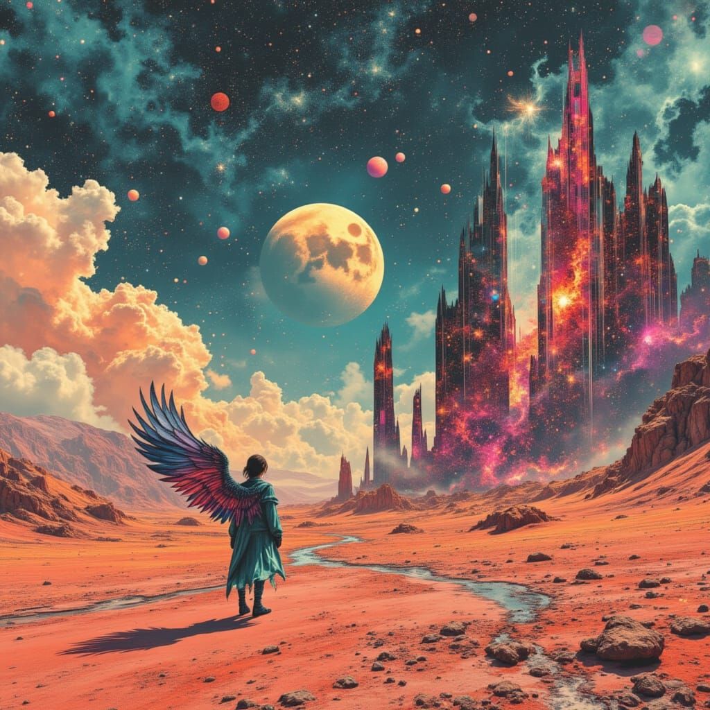 Winged Figure Surveys Alien Desert Under Twin Suns