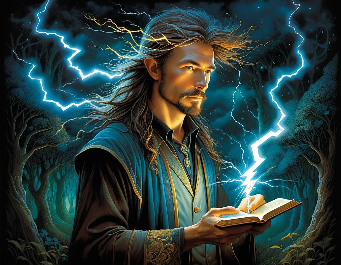 Magical Man Holds Lightning Bolt: Storybook Art