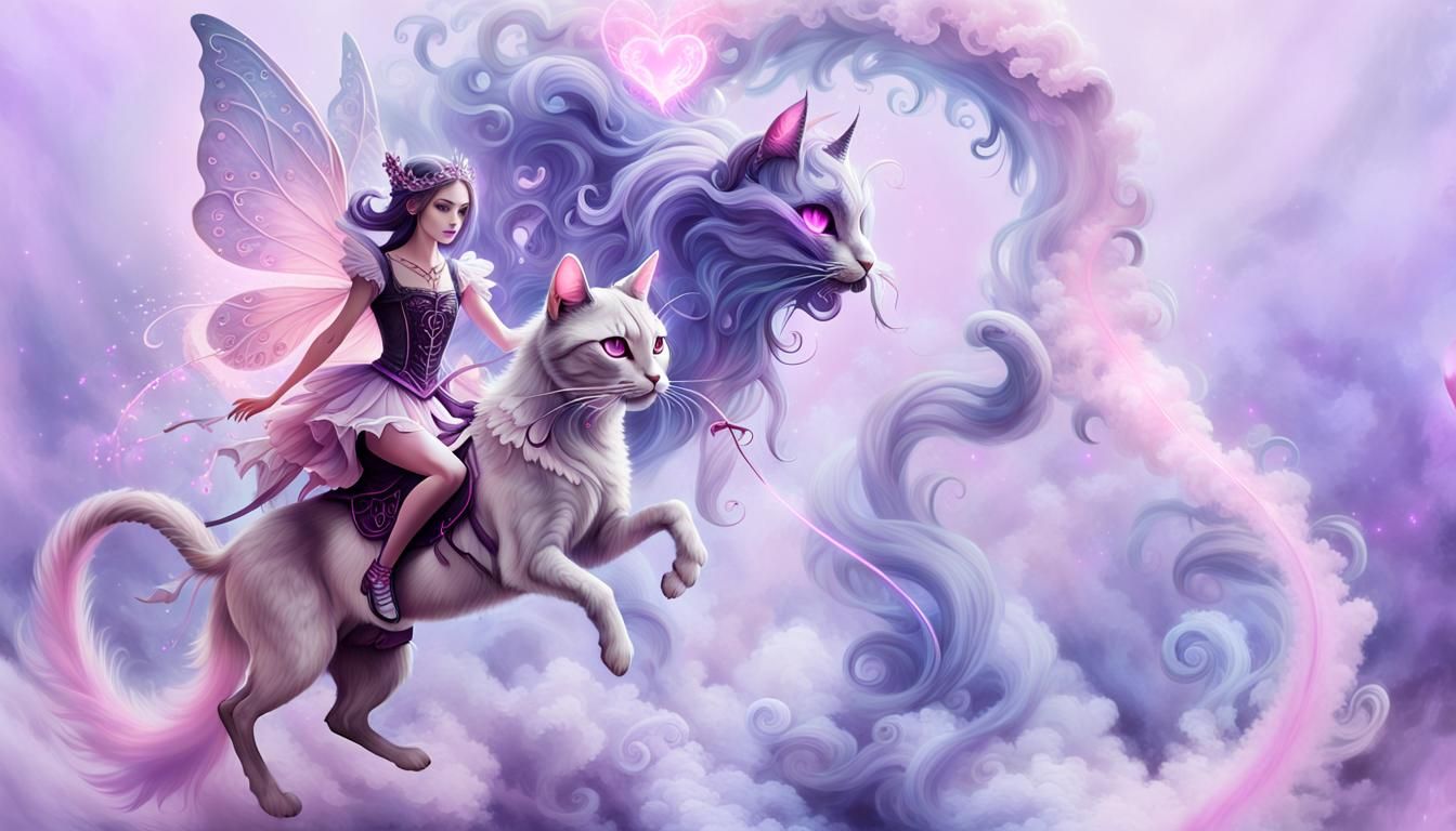 Pastel Gothic Fairy Rides a Mystical Smoke Cat