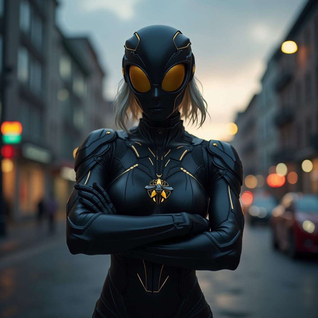 Hyperrealistic Female Superhero in Metallic Exosuit