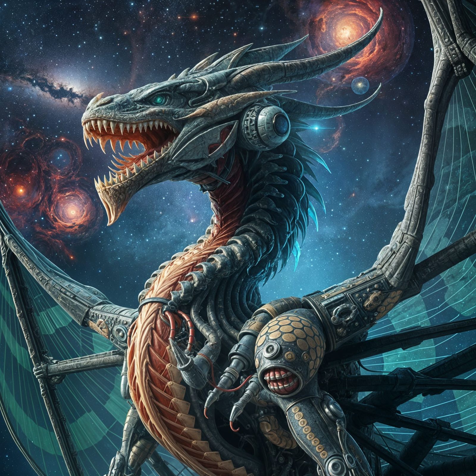 Biopunk Dragon Soaring Through Space