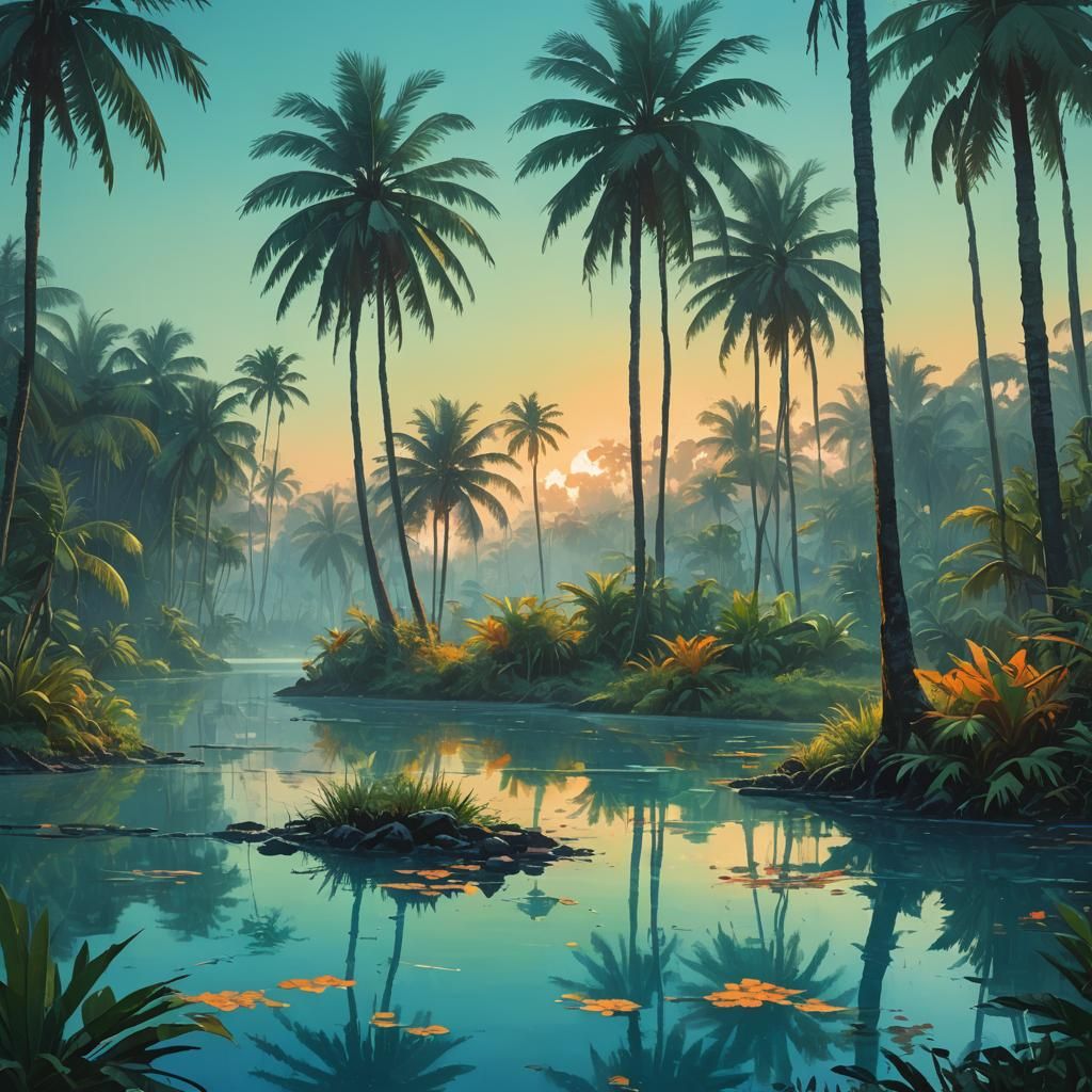 Tropical Lagoon at Dawn: A Photorealistic Matte Painting
