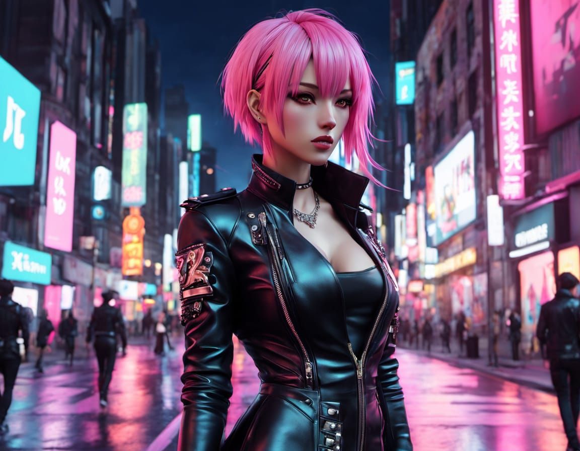 Anime Punk Woman in Neon City Street, Pastel Graffiti