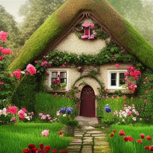 Charming English Cottage with Gnome, Detailed Matte Painting