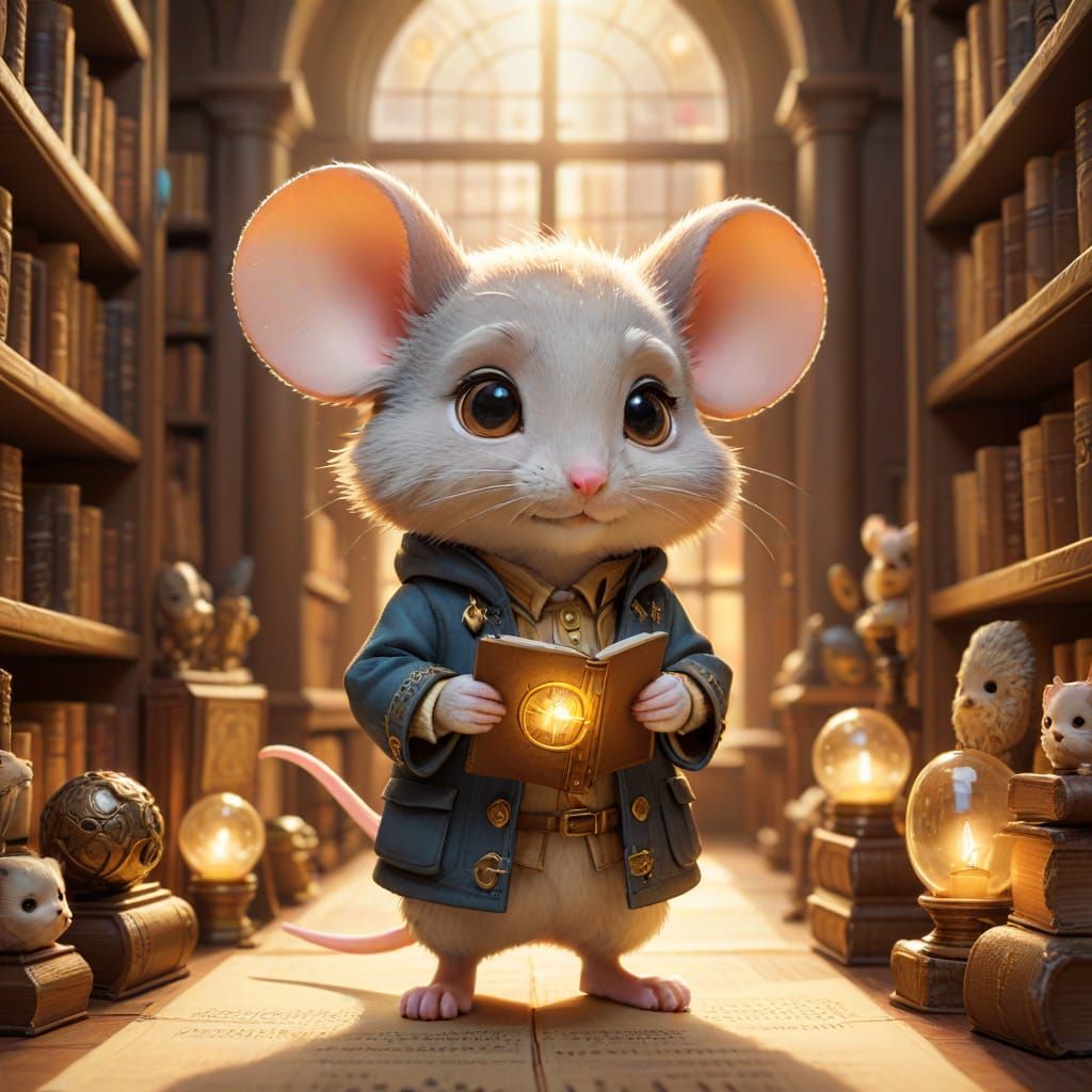 Kawaii Detective Mouse in Grand Library