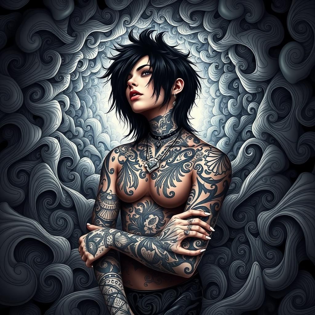 Emo full body tattoos black hair piercings abstract vector fractal, wave function, Zentangle, 3d shading