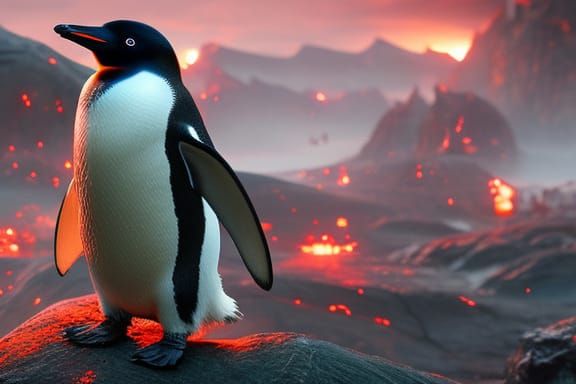 Penguin in Fiery Mordor Digital Illustration