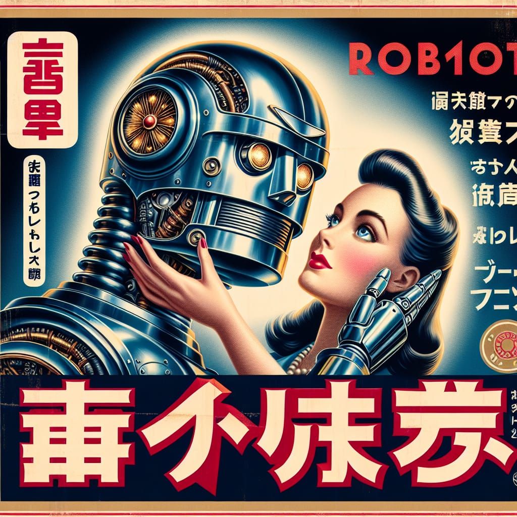 Vintage Japanese Anti-Robot Propaganda Poster in Airbrush St...