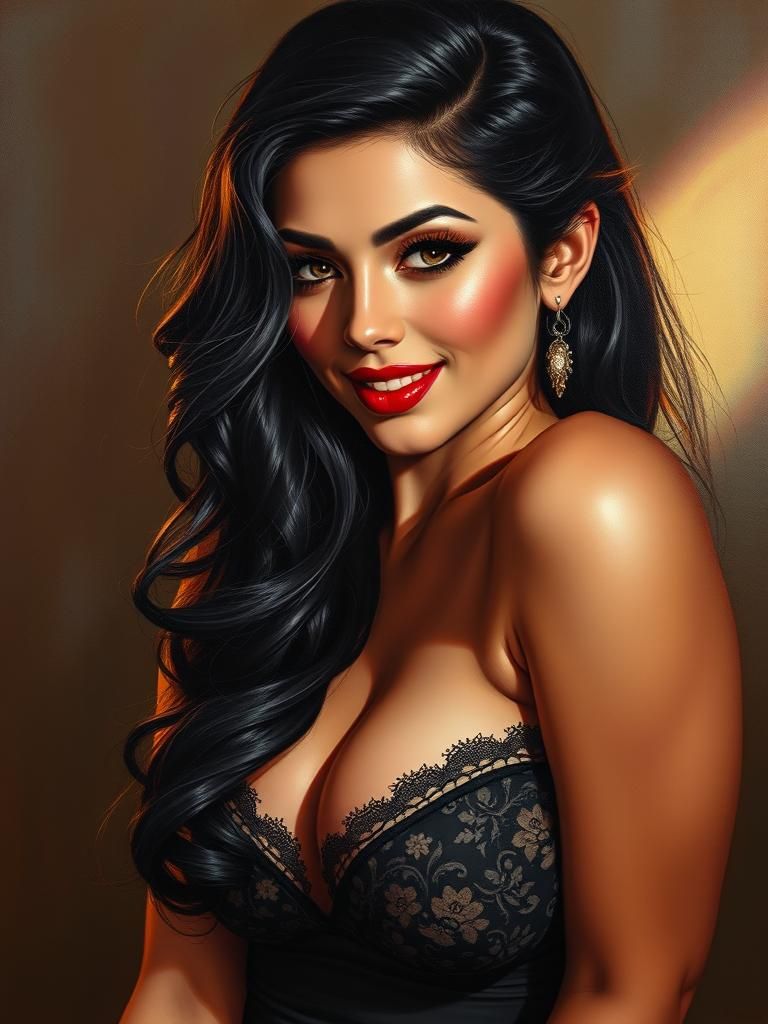 Bettie Page Pinup Oil Painting with Lace