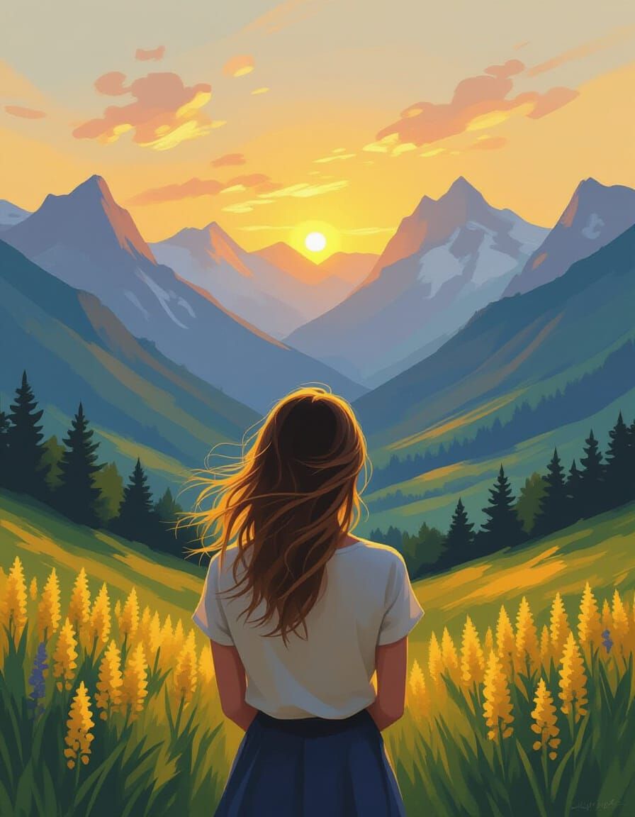 Woman at Dawn Over Mountain Vista in Impressionist Style
