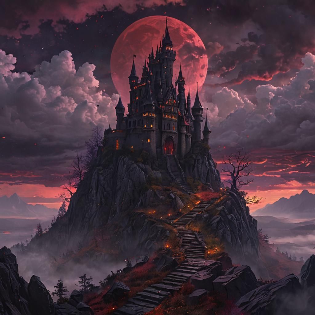 Mystical Castle at Crimson Moon, Dark Fantasy Art