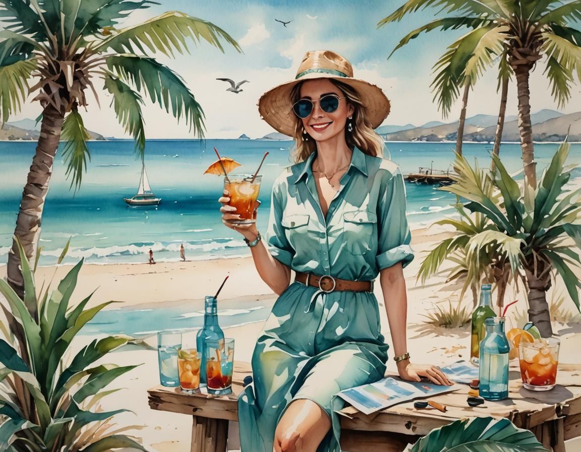 Turquoise Sea View with Beach Bar in Watercolor