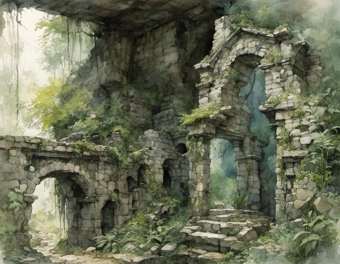 Ancient City Ruins Lost in Forest: Sketch Art