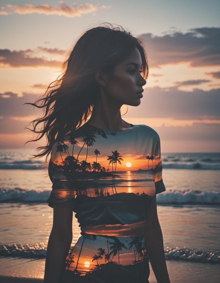 Sunset Beach Silhouette: Double Exposure Photography