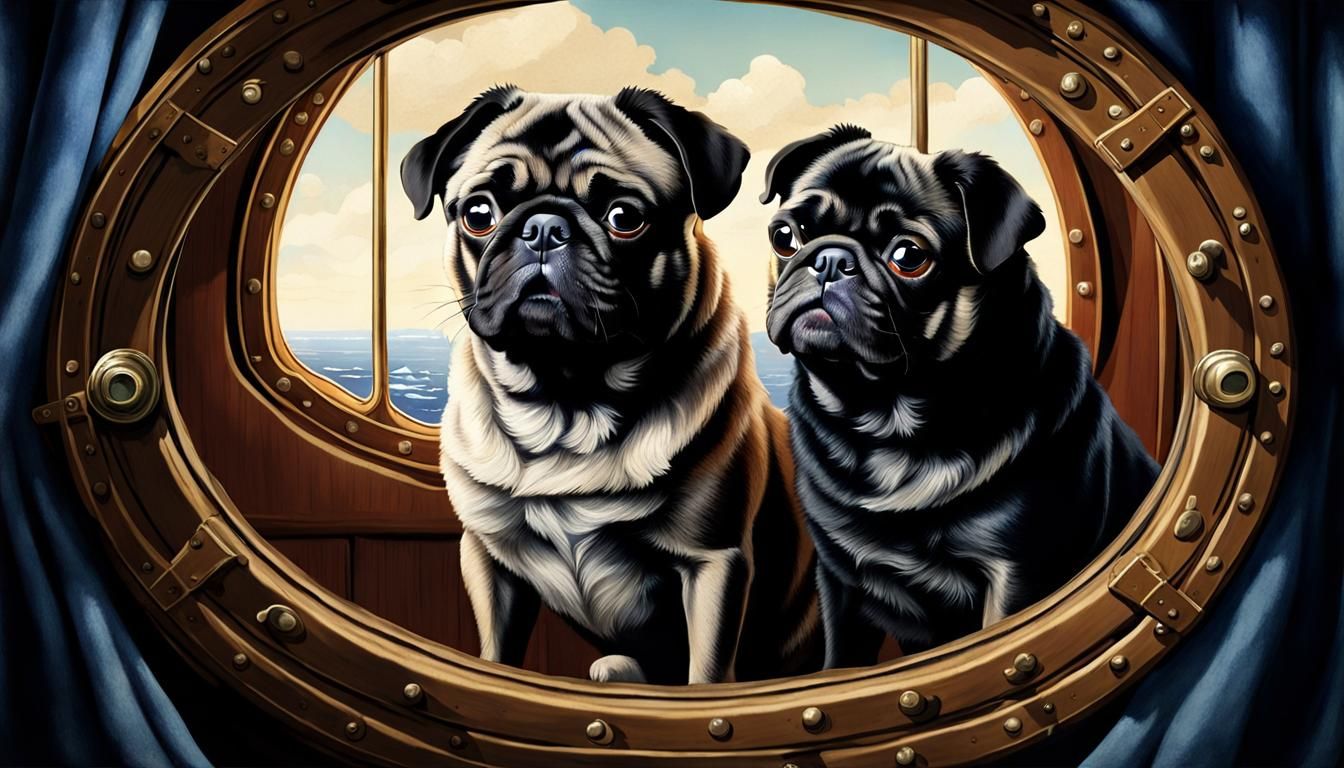 Pugs Gaze from Victorian Ship Porthole