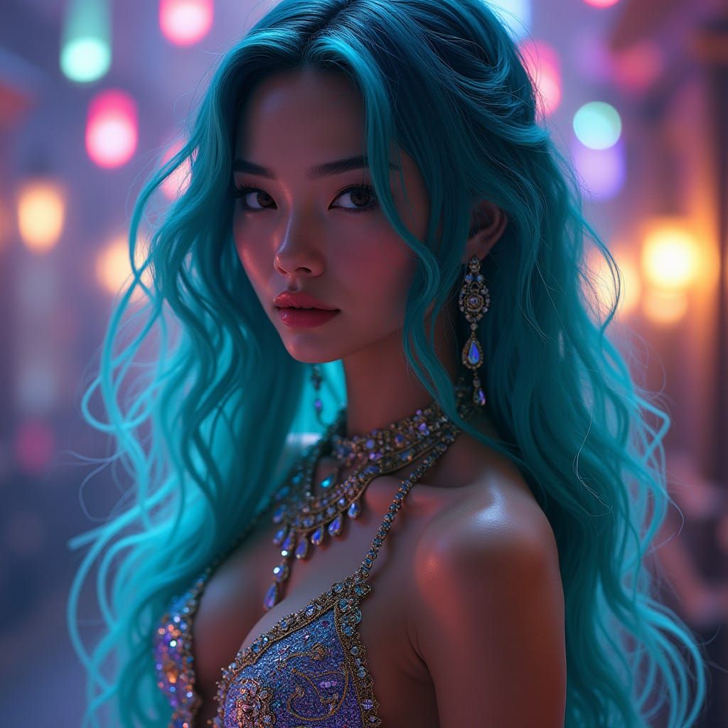 Stunning Young Woman in Turquoise Hair and Shimmering Club D...