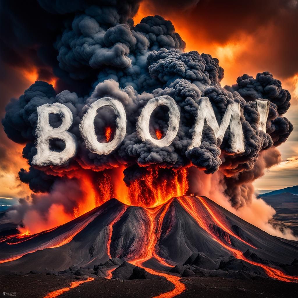 Volcano Eruption: "Boom!" in Smoke, Surreal Abstract Art