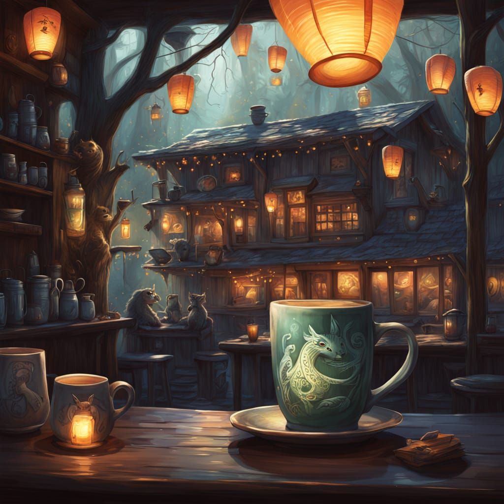 Magical Cafe Interior With Glowing Mugs and Steaming Creatur...