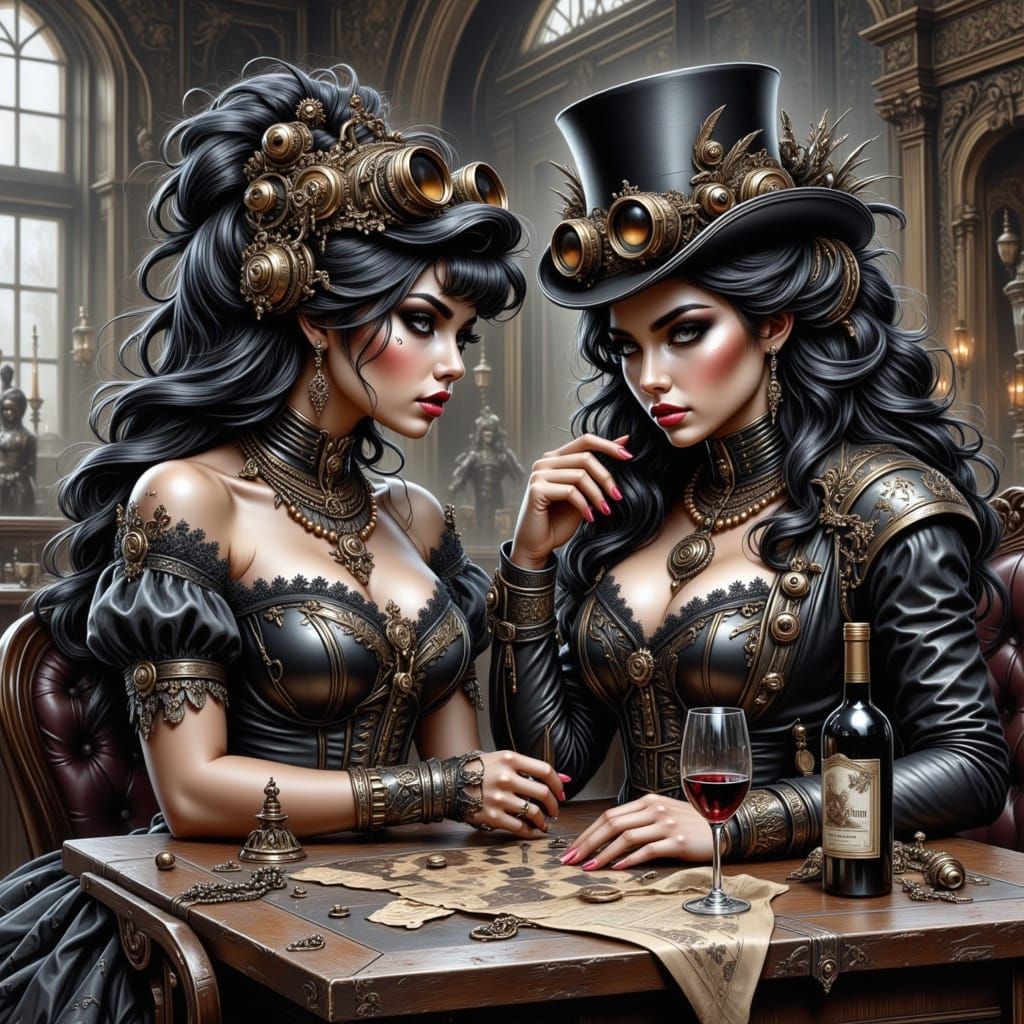 Steampunk Girl and Ghost Play Chess in Workshop