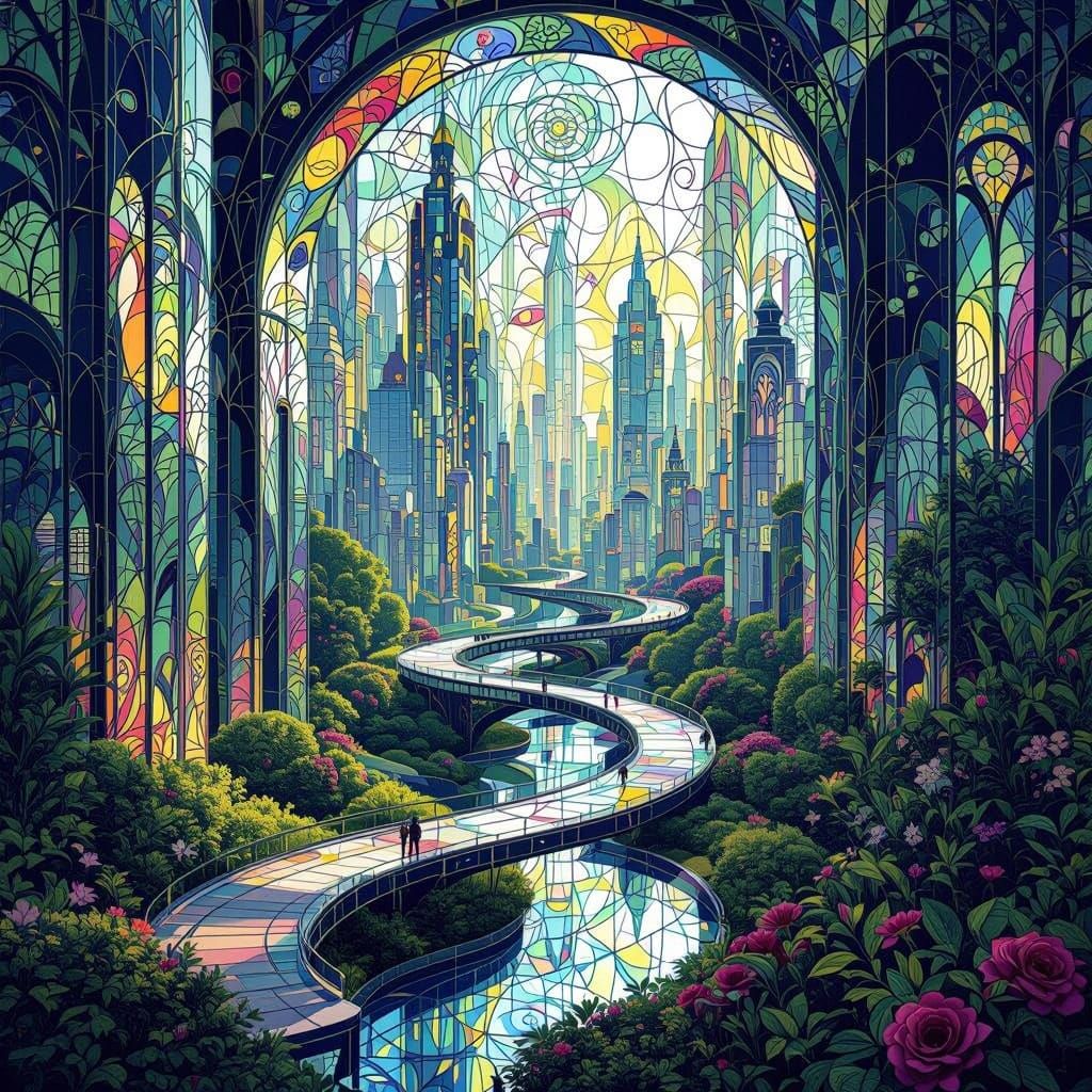 Surreal Stained Glass Metropolis in Vibrant Futuristic Style