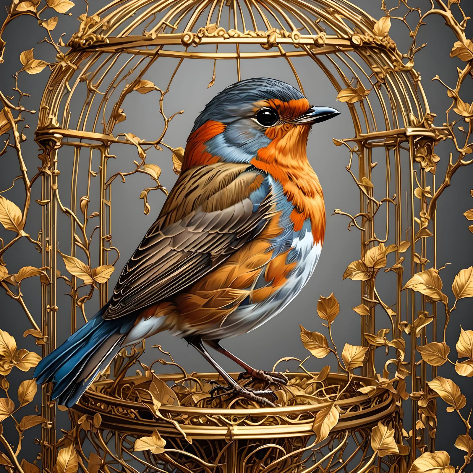 Colorful Robin in Golden Cage: Vector Art Illustration