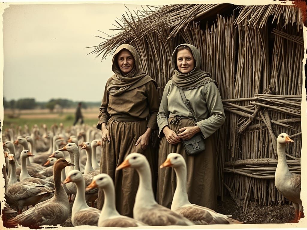Vintage Sepia Photo of Peasant Women with Geese