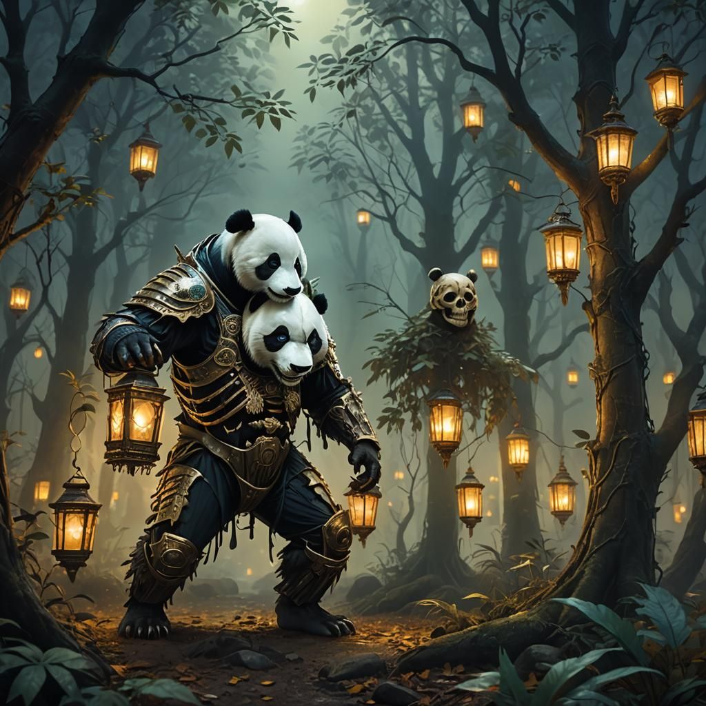 Panda in Skeleton Suit Amidst Misty Forest
