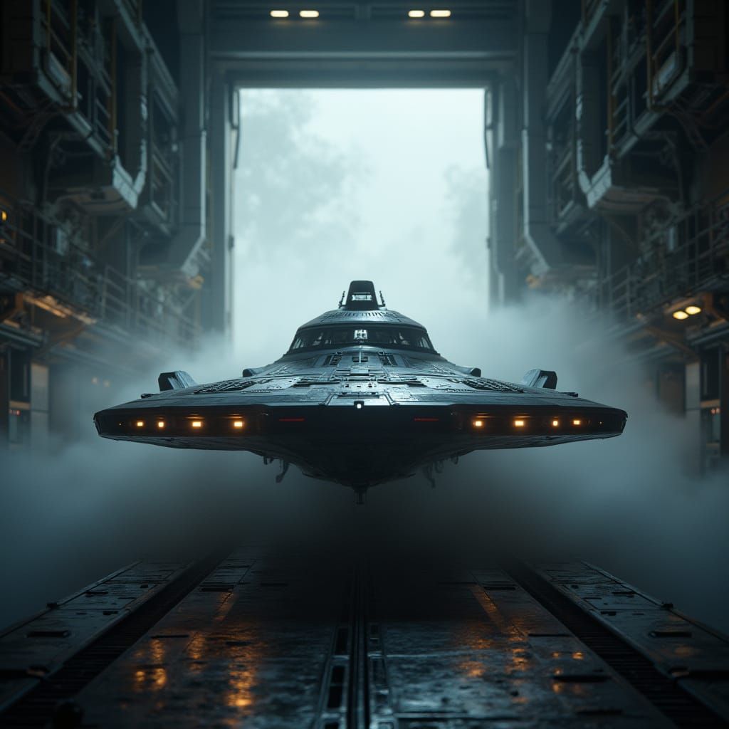Sleek Star Fleet Shuttle Launches into Foggy Dawn
