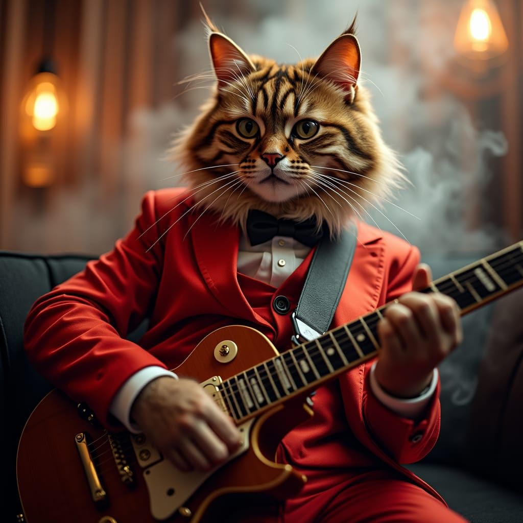Hyperrealistic Cat Plays Jazz Guitar in Smoky Bar