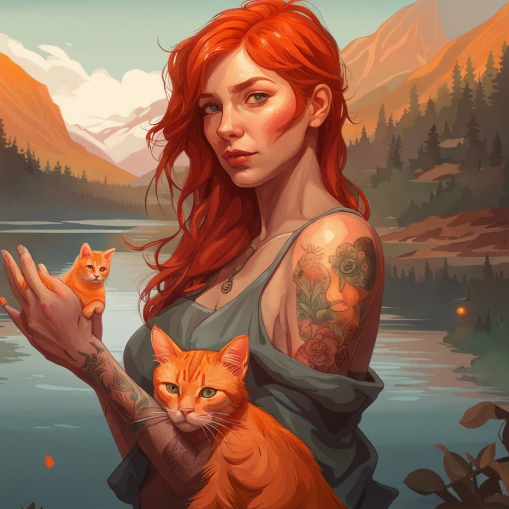 Red-Haired Girl with Cat Portrait, Detailed Concept Art