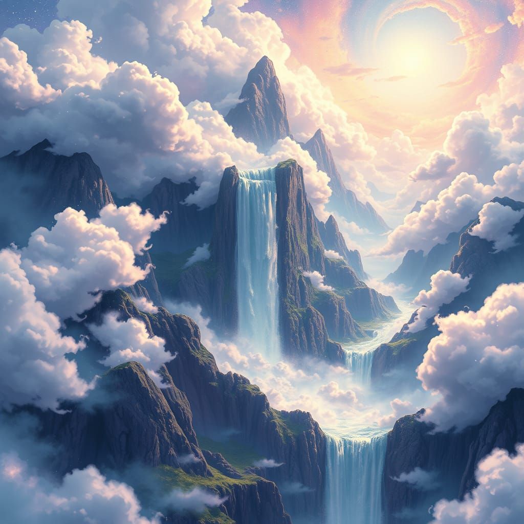 Ethereal Cosmic Landscape in Ghibli Style, Defying Gravity