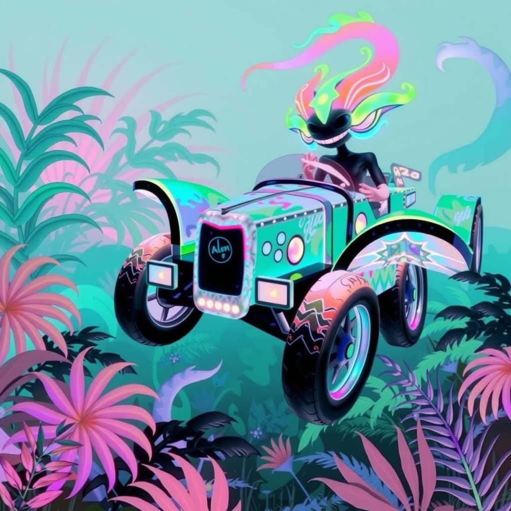 <lora:ColorfulMoodKit flux:1.0><lora:ColorfulMoodKit flux:1.0>Bioluminescent Dune Buggy with Alien: A dune buggy constru...