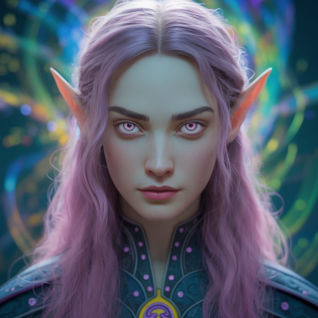 Elven Woman in Dark Fantasy Armor with Cosmic Background