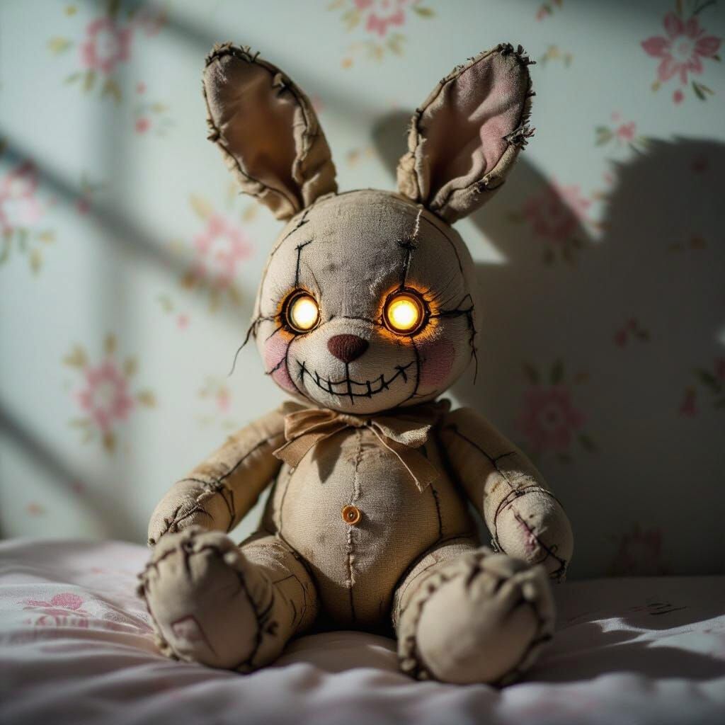 Eerie Bunny Toy with Glowing Eyes in Child's Room