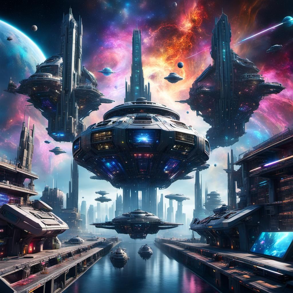 Futuristic Space Dock with Nebula in Maximalist Style