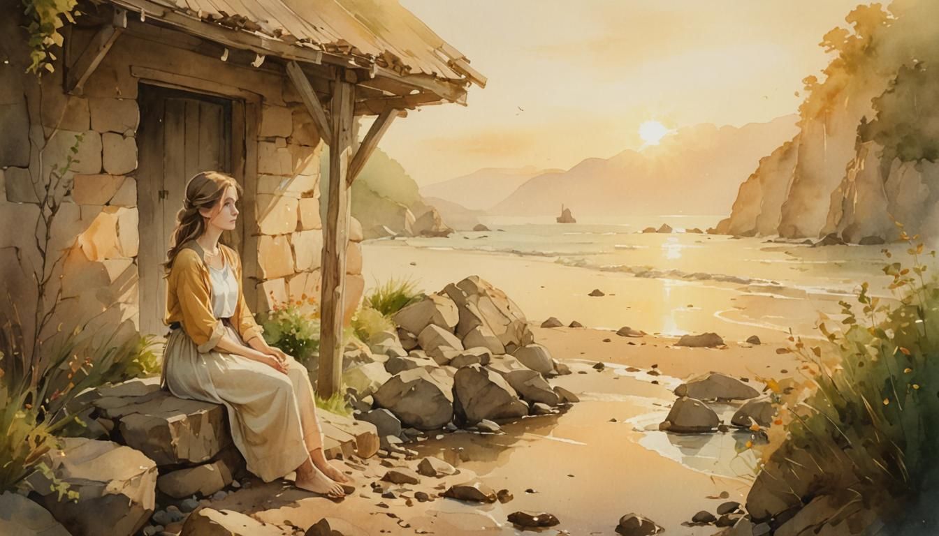 Woman on Beach at Sunset in Watercolor Style