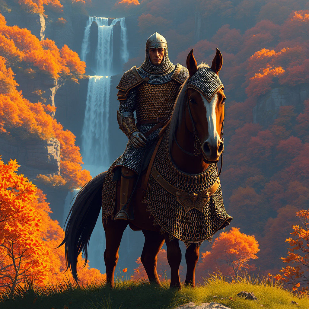 Pixel Art Byzantine Warrior in Autumn Landscape