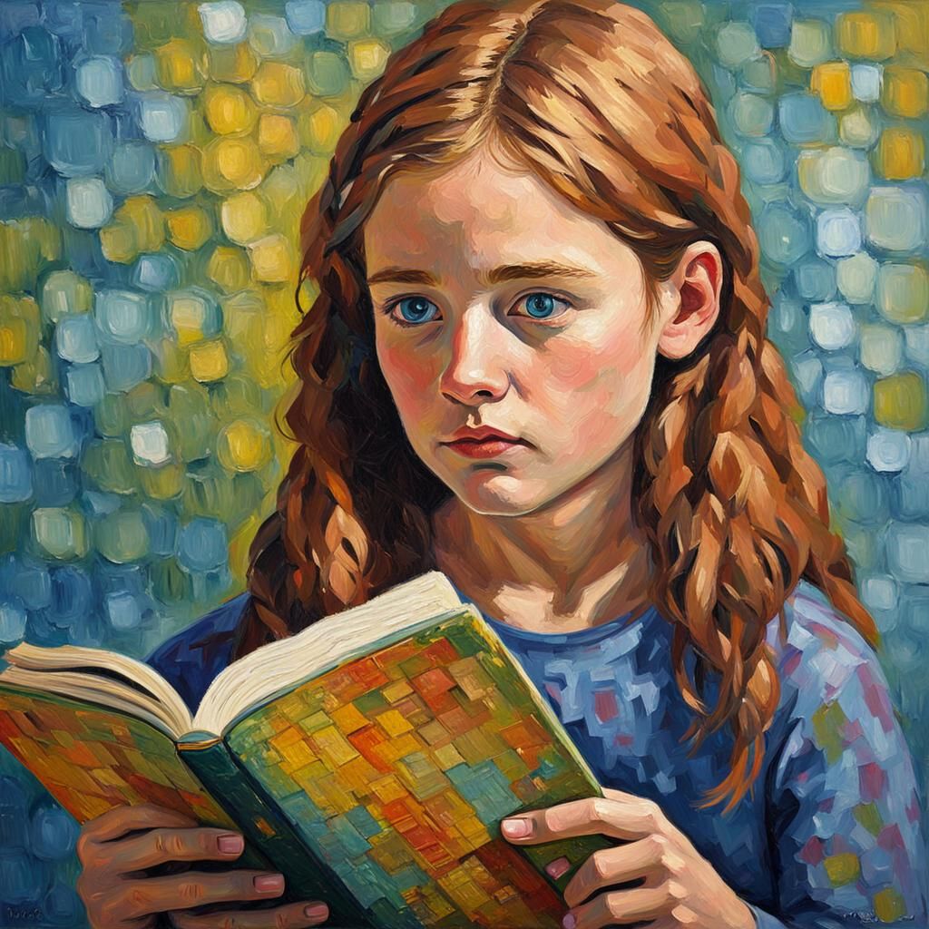 Girl Reading: Neo-Impressionist Oil Painting
