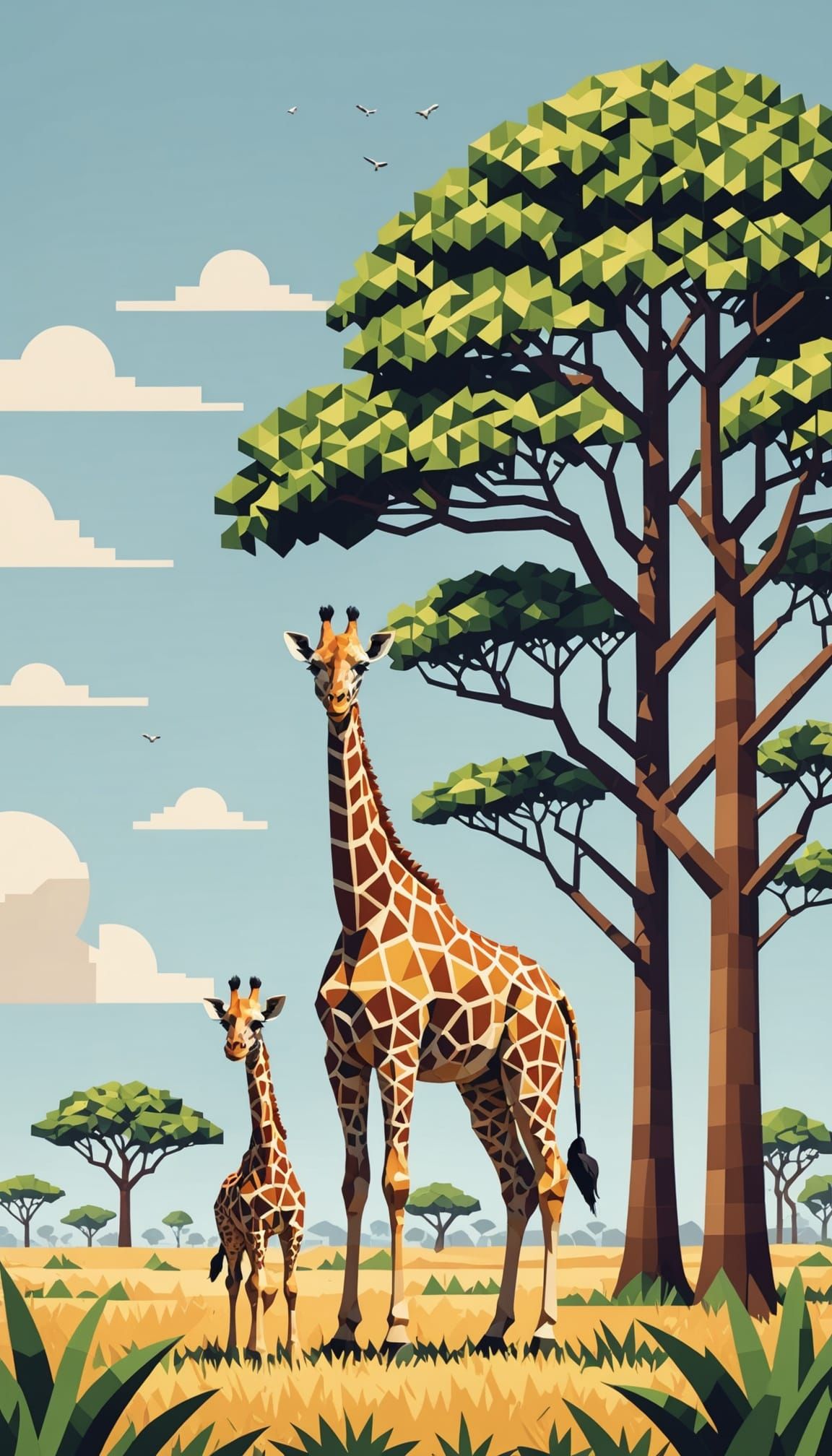 Geometric Pixel Art Giraffe Reaches for African Savannah Lea...