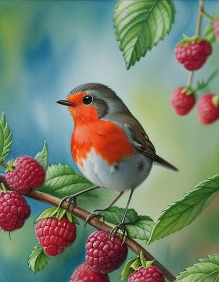 Robin on Raspberry Branch Watercolor Painting