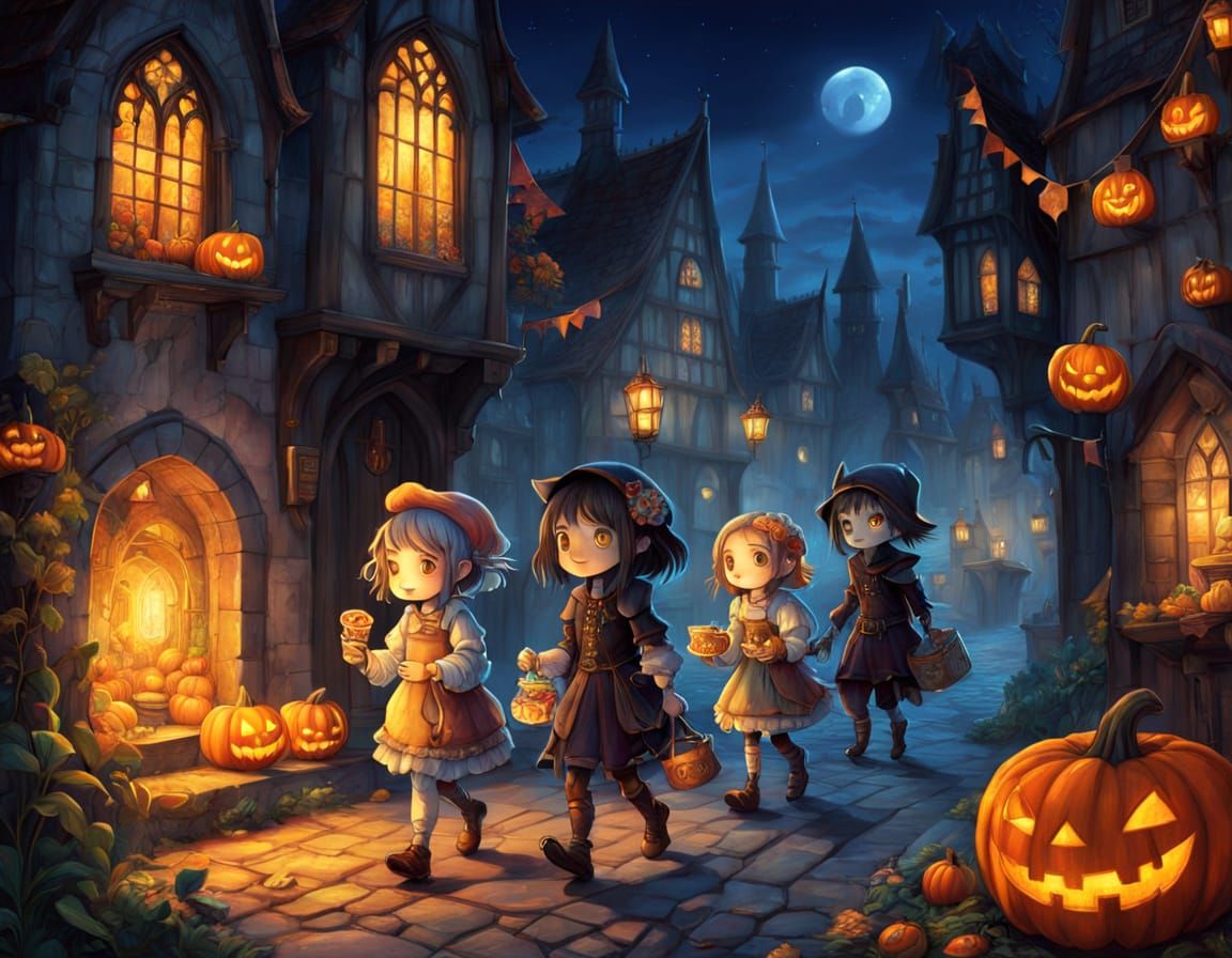 Whimsical Monster Kids Trick-or-Treating in Medieval Village