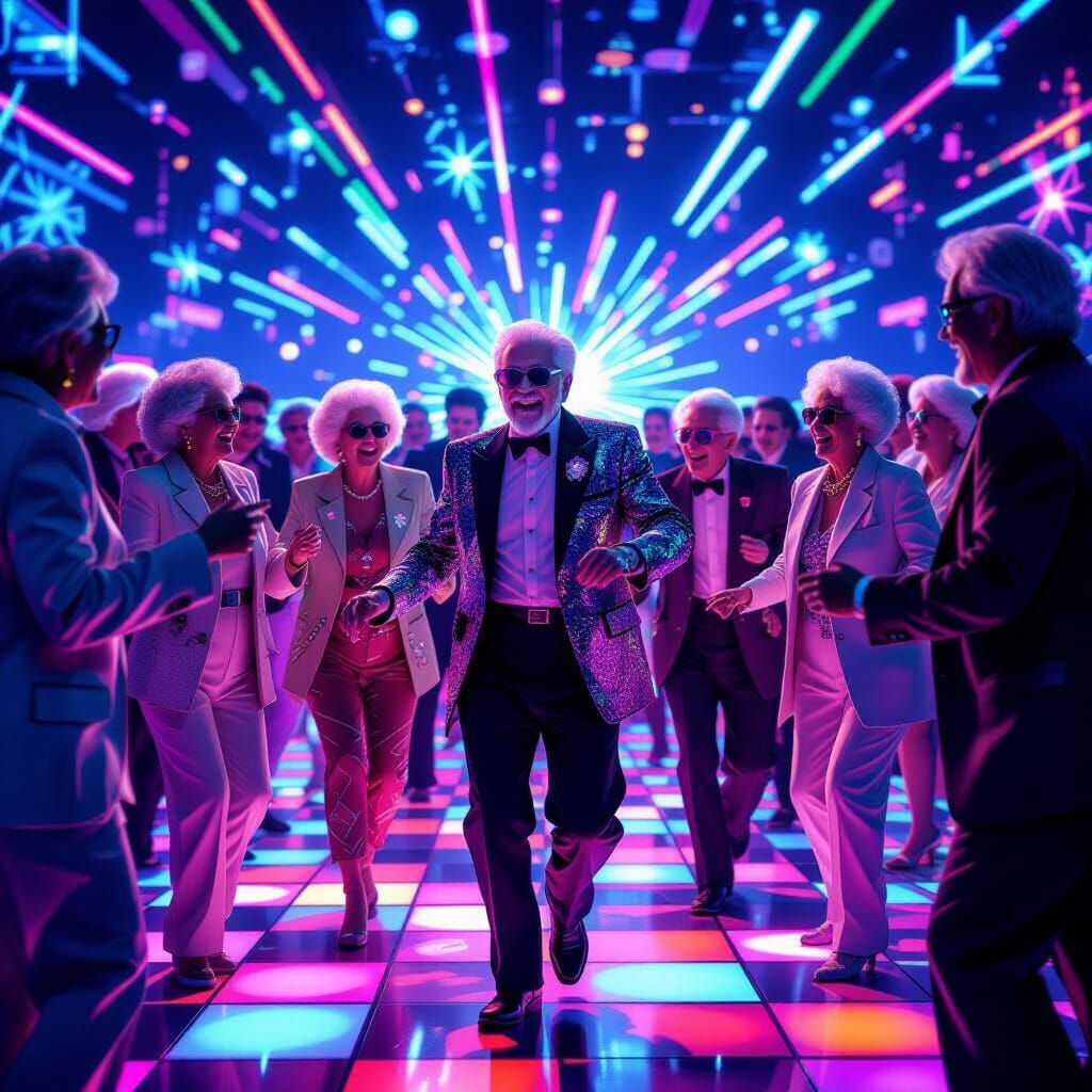 Cyberpunk Seniors Dancing at a Holographic Disco