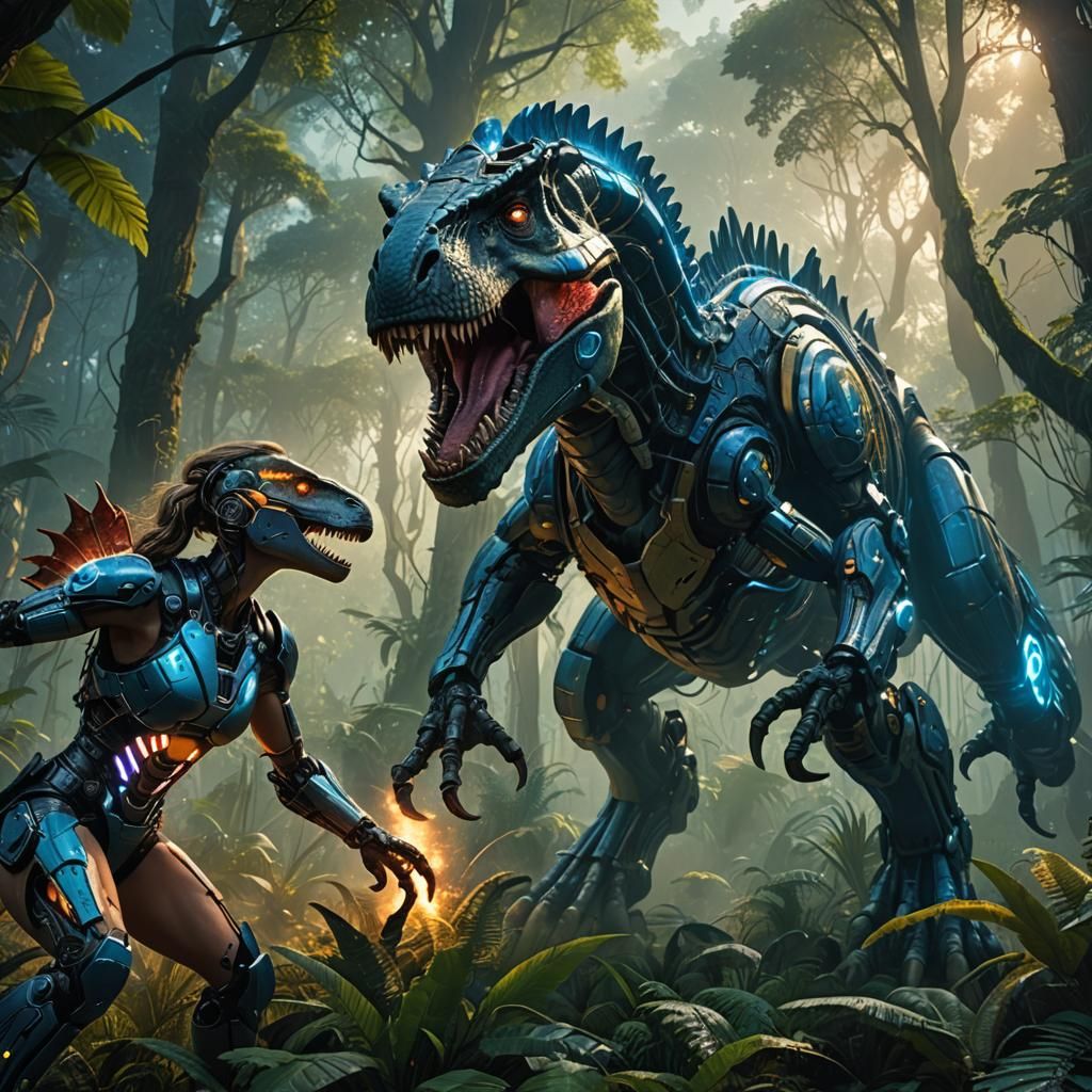 Cybernetic Warrior Battles T-Rex in Jurassic Forest